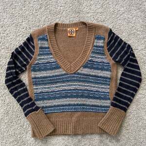 Tory Burch V-Neck Striped Wool-Alpaca Blend Sweater